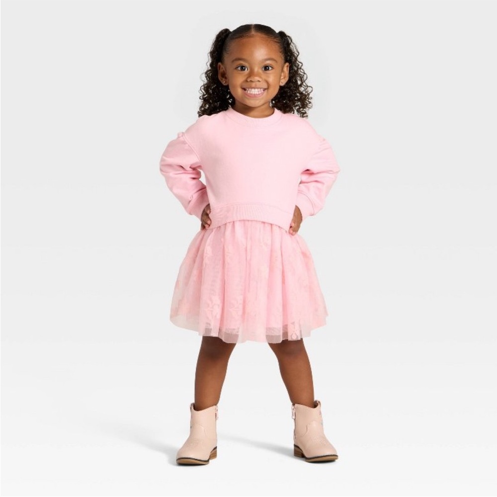 Pink Long Sleeve Dress with Tulle Skirt